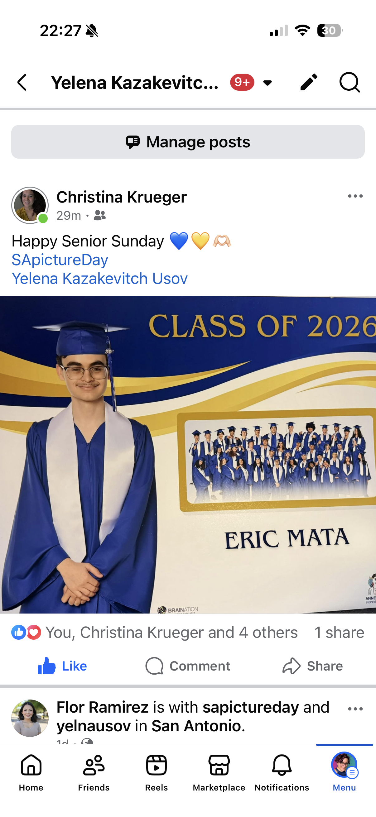 A Facebook post sharing a senior portrait from SA Picture Day.